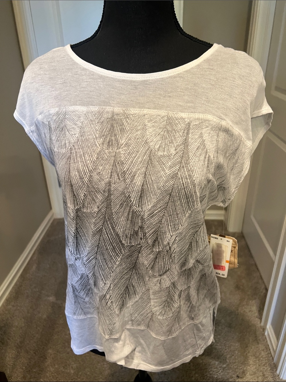 Democracy White Short Sleeve Tee with Feather Line Art
